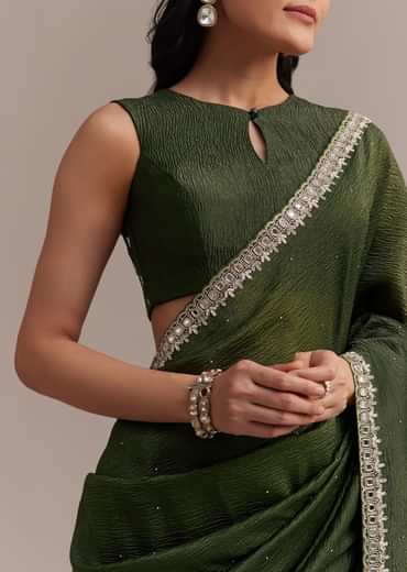 Mehendi Green Crushed Tissue Saree With Embellished Border