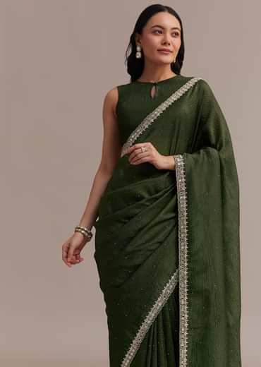 Mehendi Green Crushed Tissue Saree With Embellished Border
