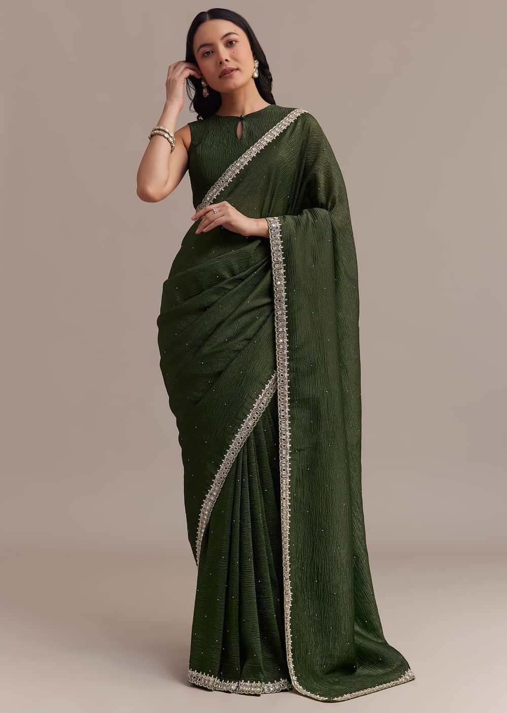 Mehendi Green Crushed Tissue Saree With Embellished Border