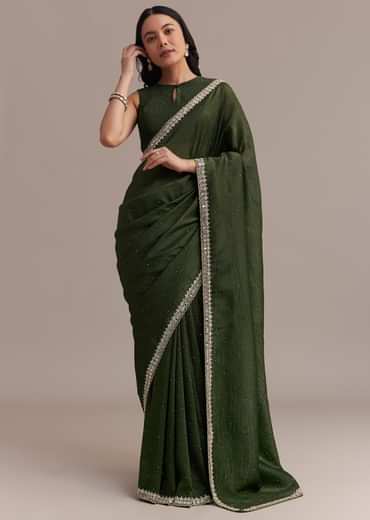 Mehendi Green Crushed Tissue Saree With Embellished Border
