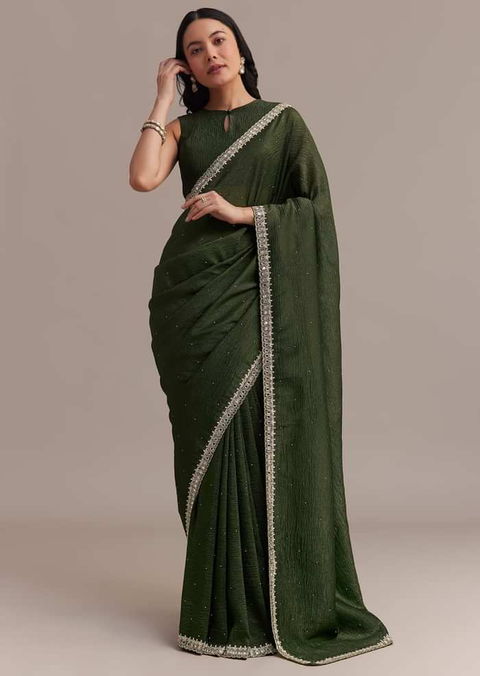 Mehendi Green Crushed Tissue Saree With Embellished Border