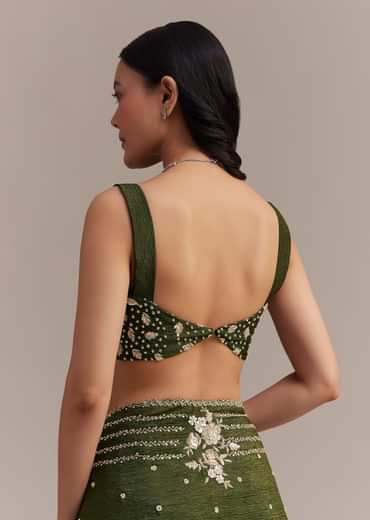 Mehendi Green Crushed Tissue Saree With Embroidered Border