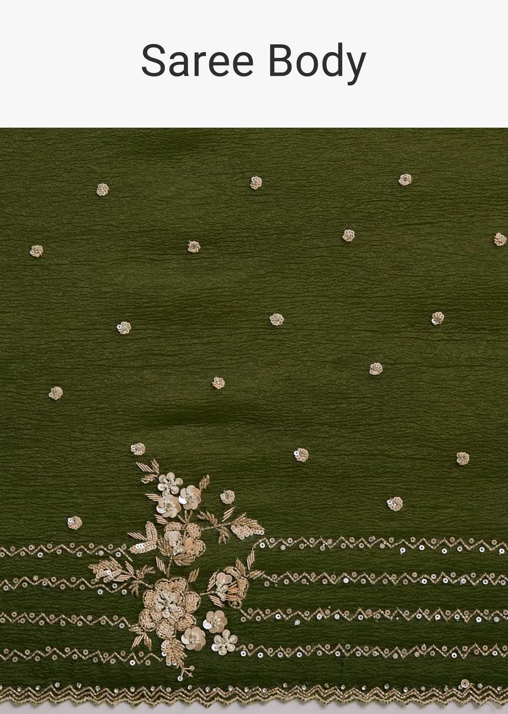 Mehendi Green Crushed Tissue Saree With Embroidered Border