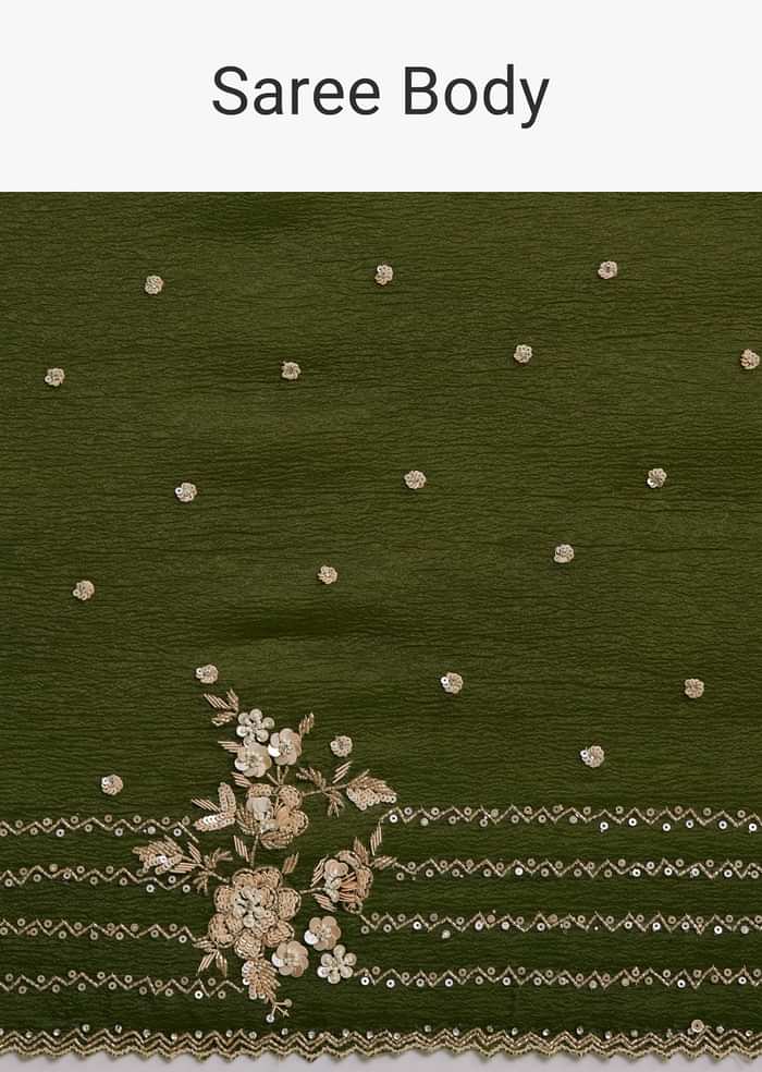 Mehendi Green Crushed Tissue Saree With Embroidered Border