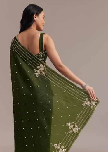 Mehendi Green Crushed Tissue Saree With Embroidered Border