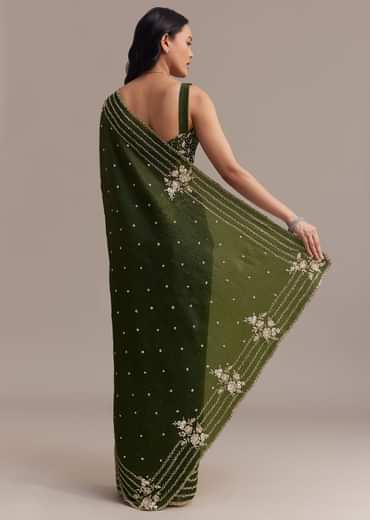 Mehendi Green Crushed Tissue Saree With Embroidered Border
