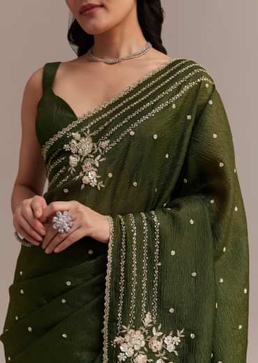 Mehendi Green Crushed Tissue Saree With Embroidered Border