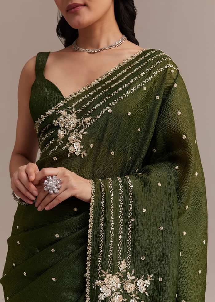 Mehendi Green Crushed Tissue Saree With Embroidered Border