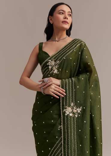 Mehendi Green Crushed Tissue Saree With Embroidered Border