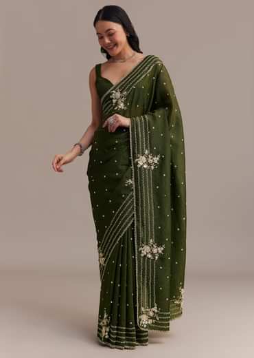 Mehendi Green Crushed Tissue Saree With Embroidered Border
