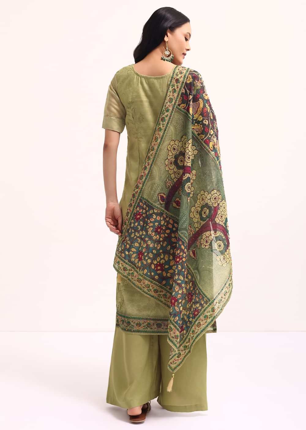 Mehendi Green Embroidered Kurta Palazzo Set With Kalamkari Dupatta