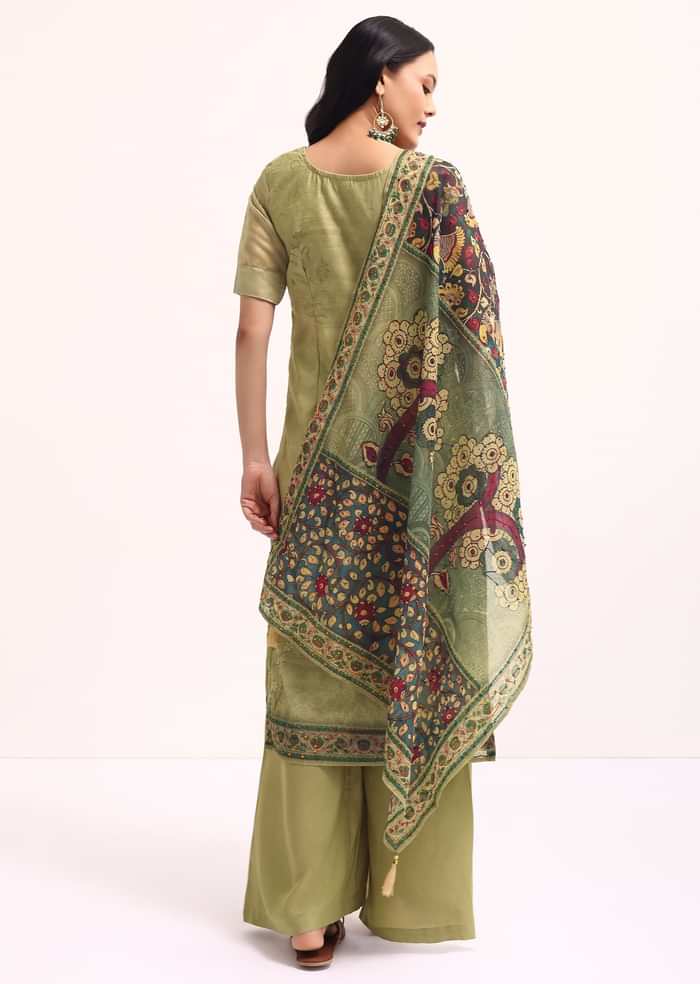 Mehendi Green Embroidered Kurta Palazzo Set With Kalamkari Dupatta