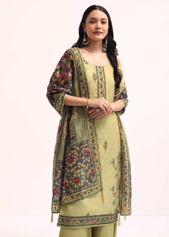 Mehendi Green Embroidered Kurta Palazzo Set With Kalamkari Dupatta