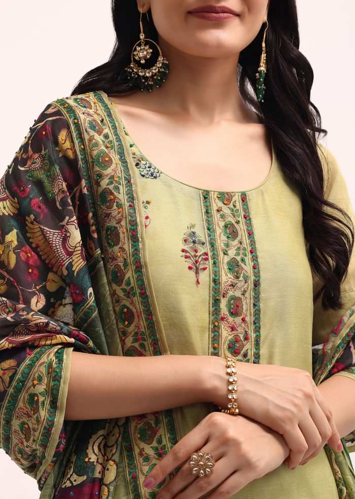 Mehendi Green Embroidered Kurta Palazzo Set With Kalamkari Dupatta
