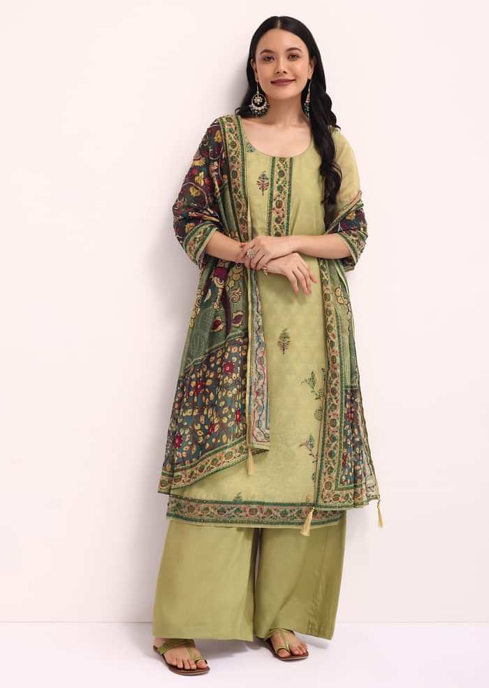 Mehendi Green Embroidered Kurta Palazzo Set With Kalamkari Dupatta