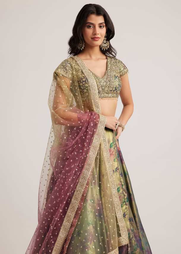 Mehendi Green Floral Printed Satin Lehenga Set