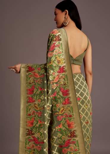 Mehendi Green Georgette Saree With Jaal And Animal-Bird Motifs