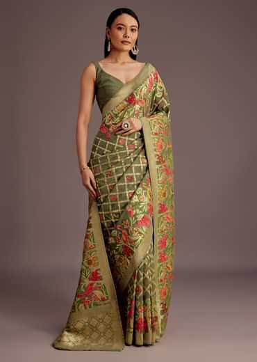 Mehendi Green Georgette Saree With Jaal And Animal-Bird Motifs