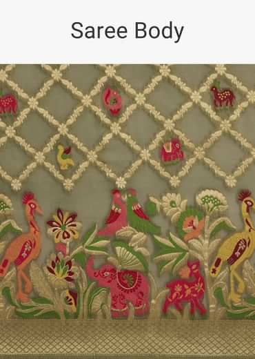 Mehendi Green Georgette Saree With Jaal And Animal-Bird Motifs