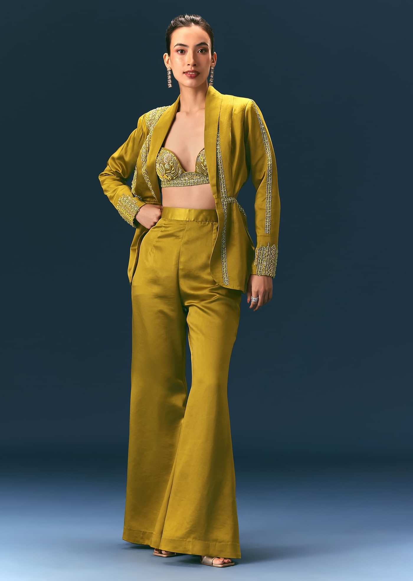 Mehendi Green Hand Embroidered Blouse With Jacket And Bell Bottom Pants