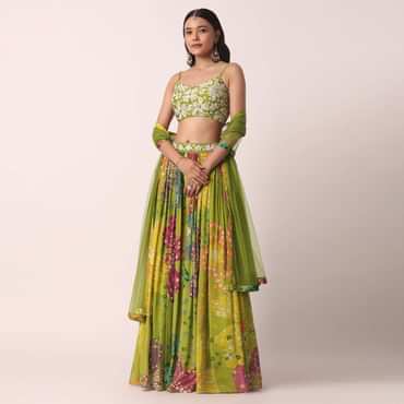 Mehendi Green Lehenga Set With Prints