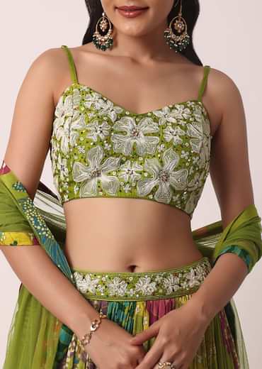 Mehendi Green Lehenga Set With Prints
