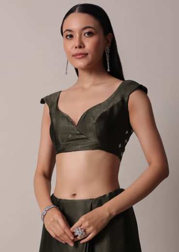 Mehendi Green Saree In Satin Chinon With Scallop Stone Work Border And Unstitched Blouse Piece