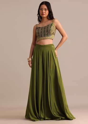Mehendi Green Satin Palazzo Suit With Embroidered Cape