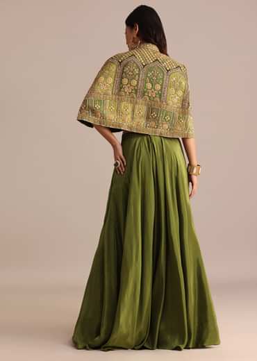 Mehendi Green Satin Palazzo Suit With Embroidered Cape