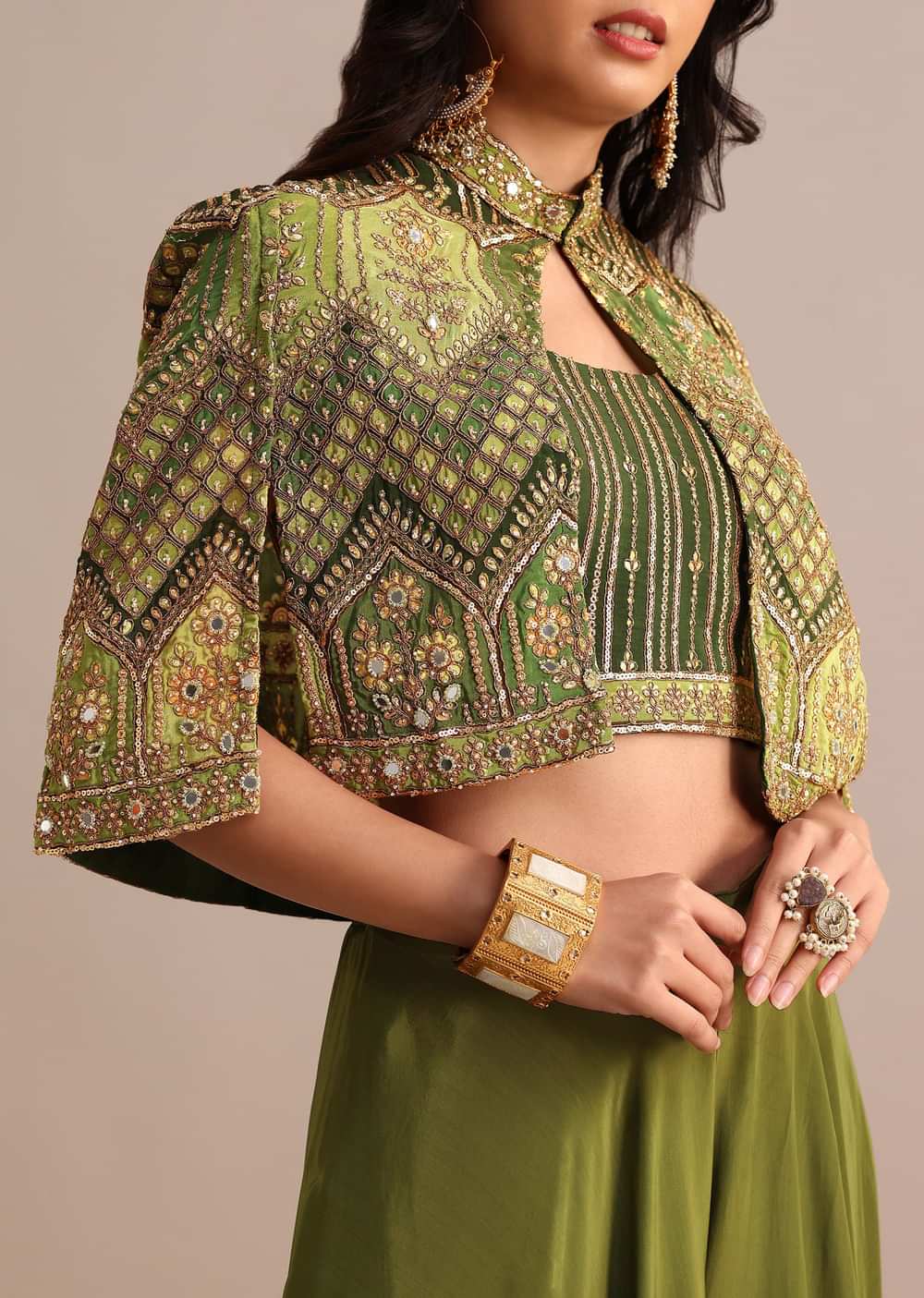 Mehendi Green Satin Palazzo Suit With Embroidered Cape