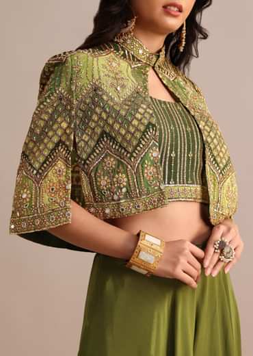 Mehendi Green Satin Palazzo Suit With Embroidered Cape