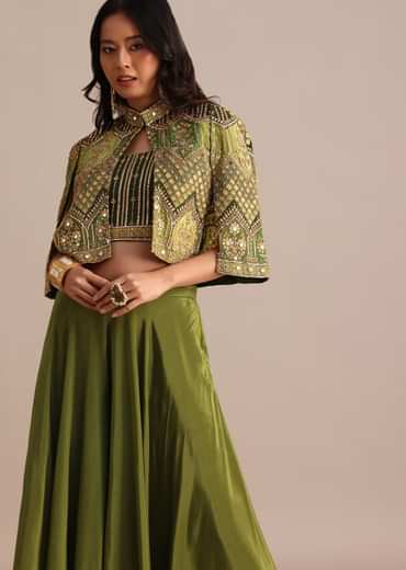 Mehendi Green Satin Palazzo Suit With Embroidered Cape