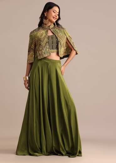Mehendi Green Satin Palazzo Suit With Embroidered Cape