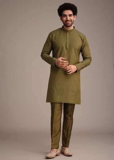 Mehendi Green Silk Kurta Jacket Set With Zardosi And Thread Work
