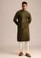Mehendi Green Silk Kurta Pant Set With Mandarin Collar