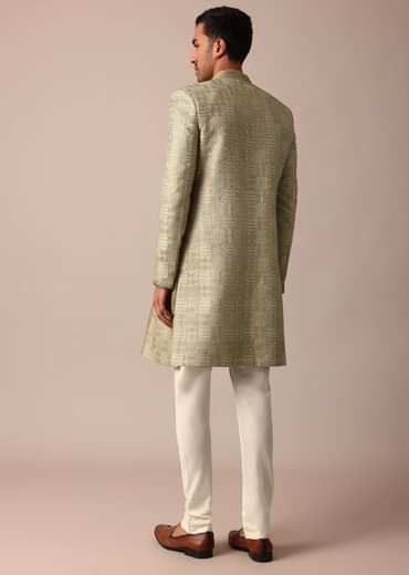 Mehendi Green Silk Sherwani With Intricate Embroidery