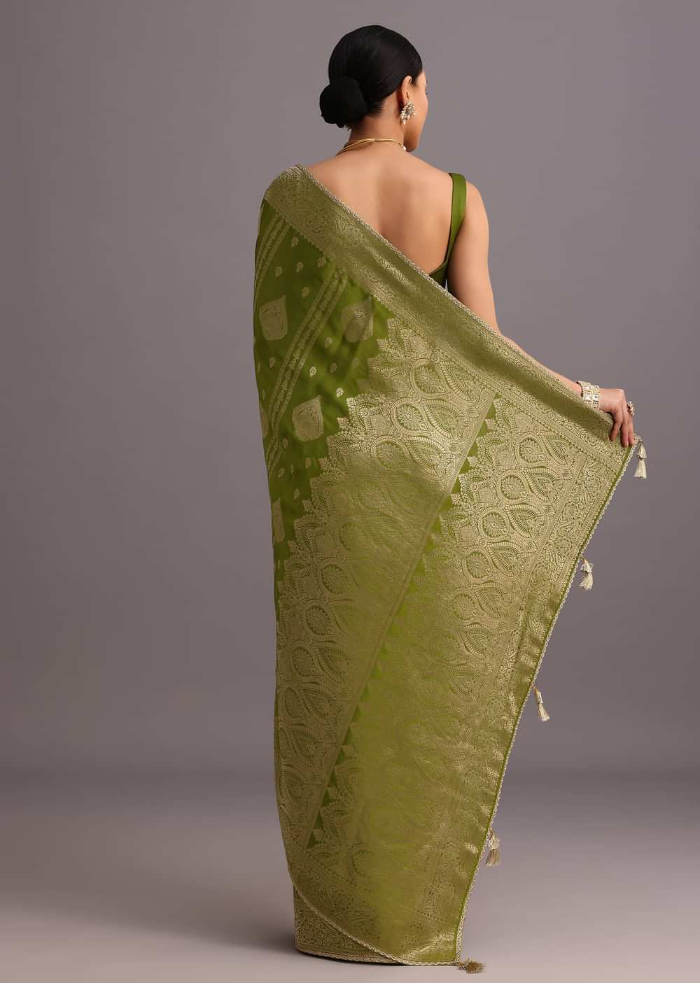 Mehendi Green Zari Woven Satin Silk Saree And Brocade Border