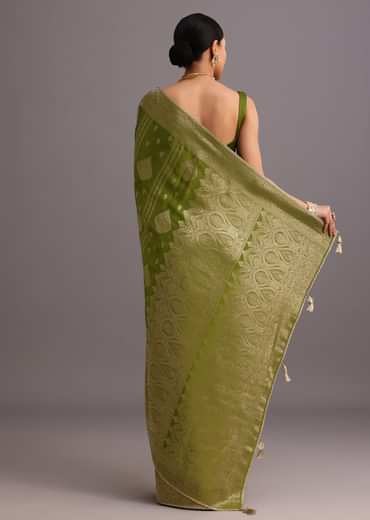 Mehendi Green Zari Woven Satin Silk Saree And Brocade Border
