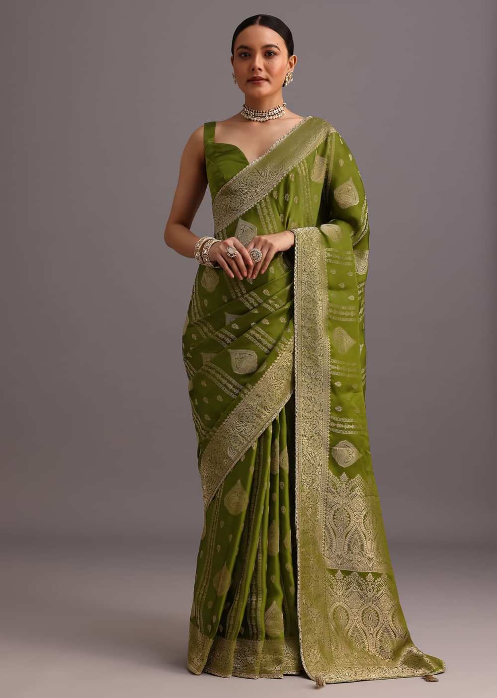 Mehendi Green Zari Woven Satin Silk Saree And Brocade Border