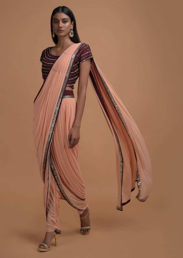 Melon Peach Ready Pleated Dhoti Saree With Maroon Mirror Embellished Blouse Online - Kalki Fashion