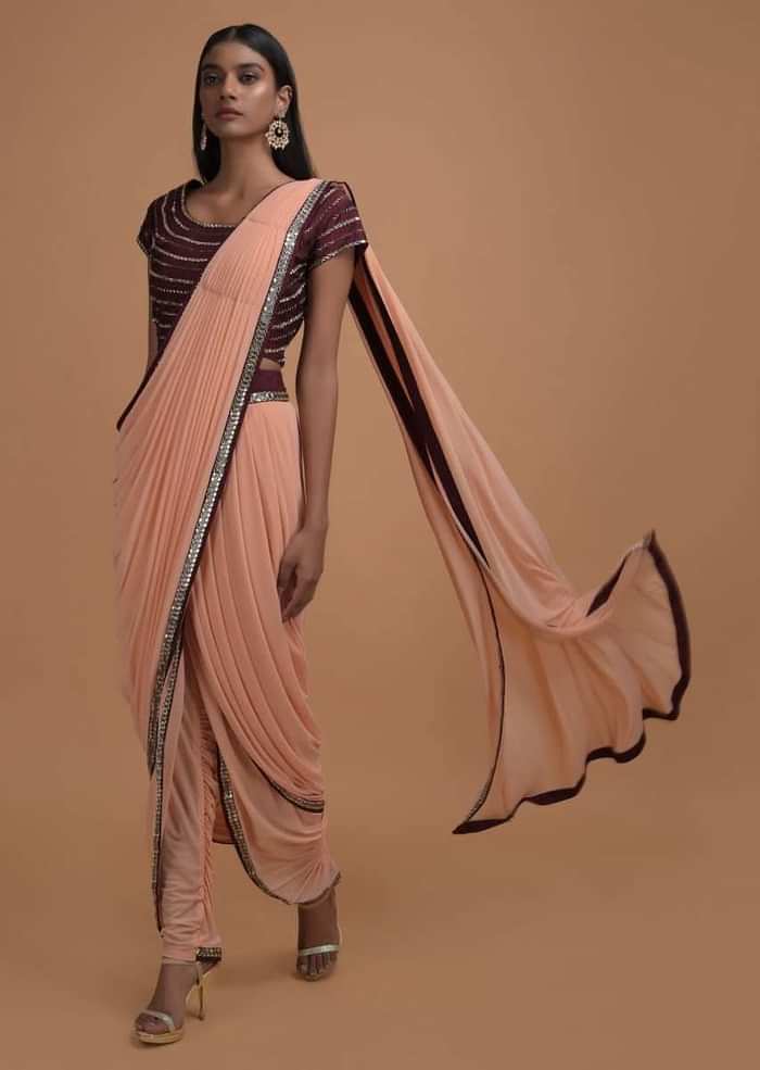 Melon Peach Ready Pleated Dhoti Saree With Maroon Mirror Embellished Blouse Online - Kalki Fashion