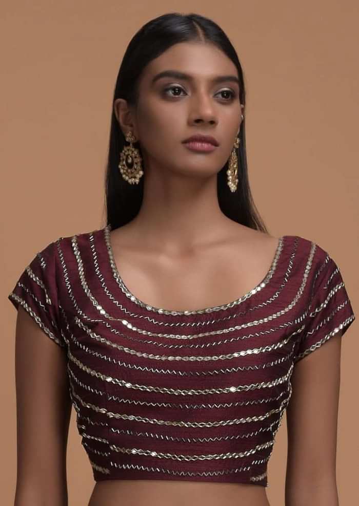 Melon Peach Ready Pleated Dhoti Saree With Maroon Mirror Embellished Blouse Online - Kalki Fashion