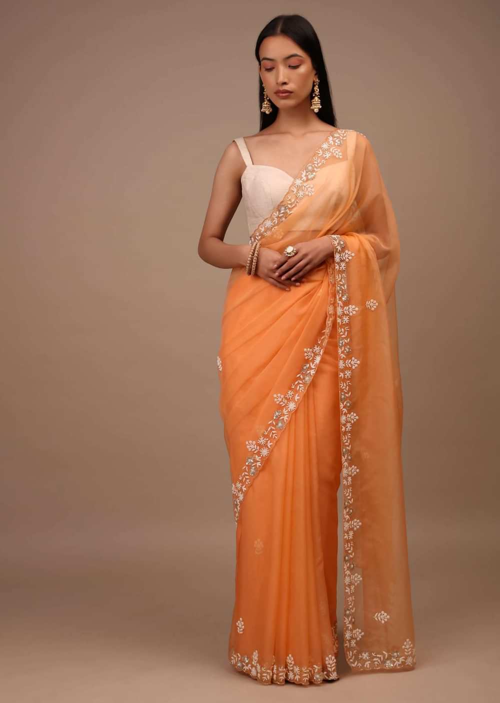 Melon Orange Saree In Organza With Hand Embroidered Moti And Sequin Work On The Border And Butti Design