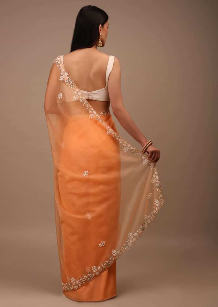 Melon Orange Saree In Organza With Hand Embroidered Moti And Sequin Work On The Border And Butti Design
