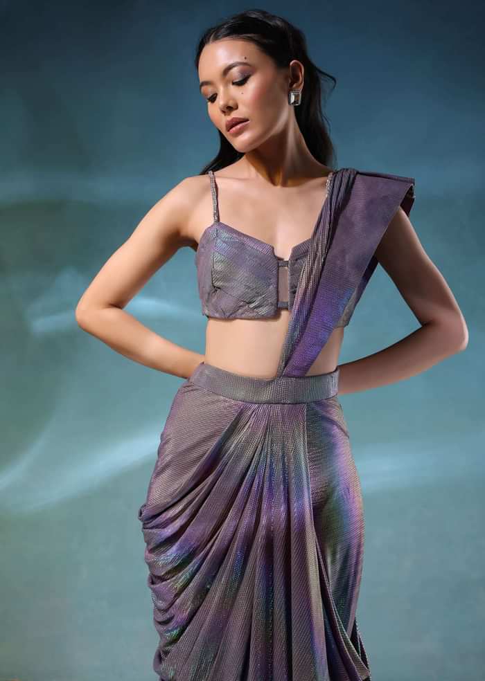 Mermaid Metallic Ready To Wear Saree And Blouse In Knit
