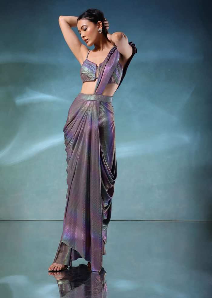 Mermaid Metallic Ready To Wear Saree And Blouse In Knit