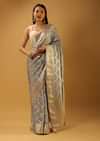 Metal Grey Saree In Organza With Woven Scallop Jaal