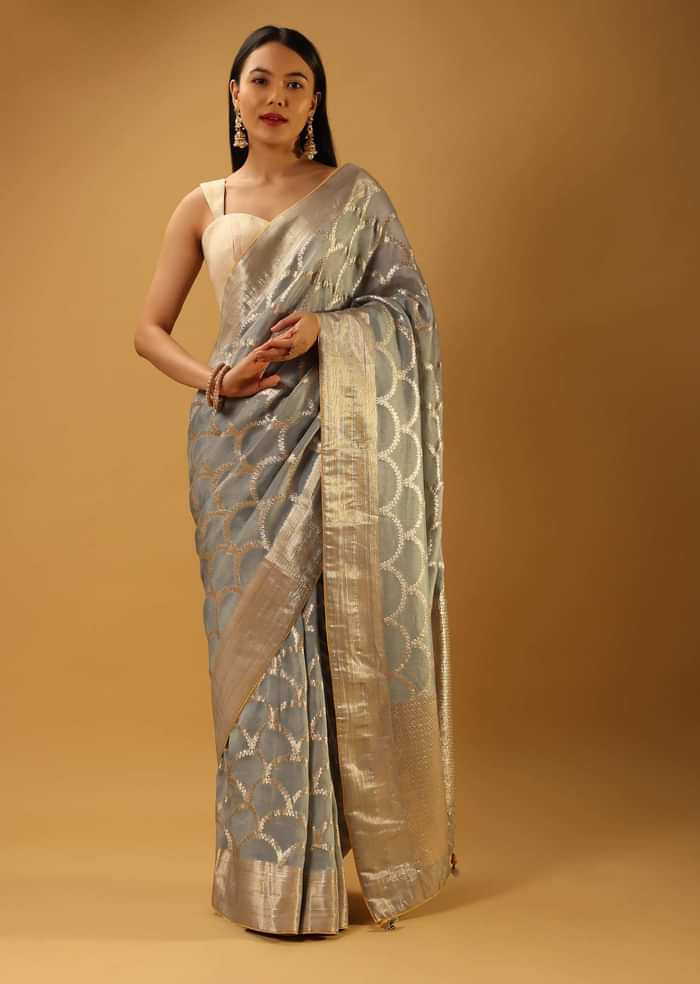 Metal Grey Saree In Organza With Woven Scallop Jaal
