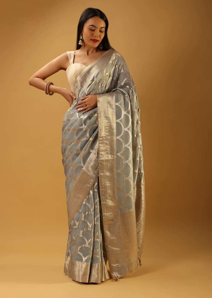 Metal Grey Saree In Organza With Woven Scallop Jaal