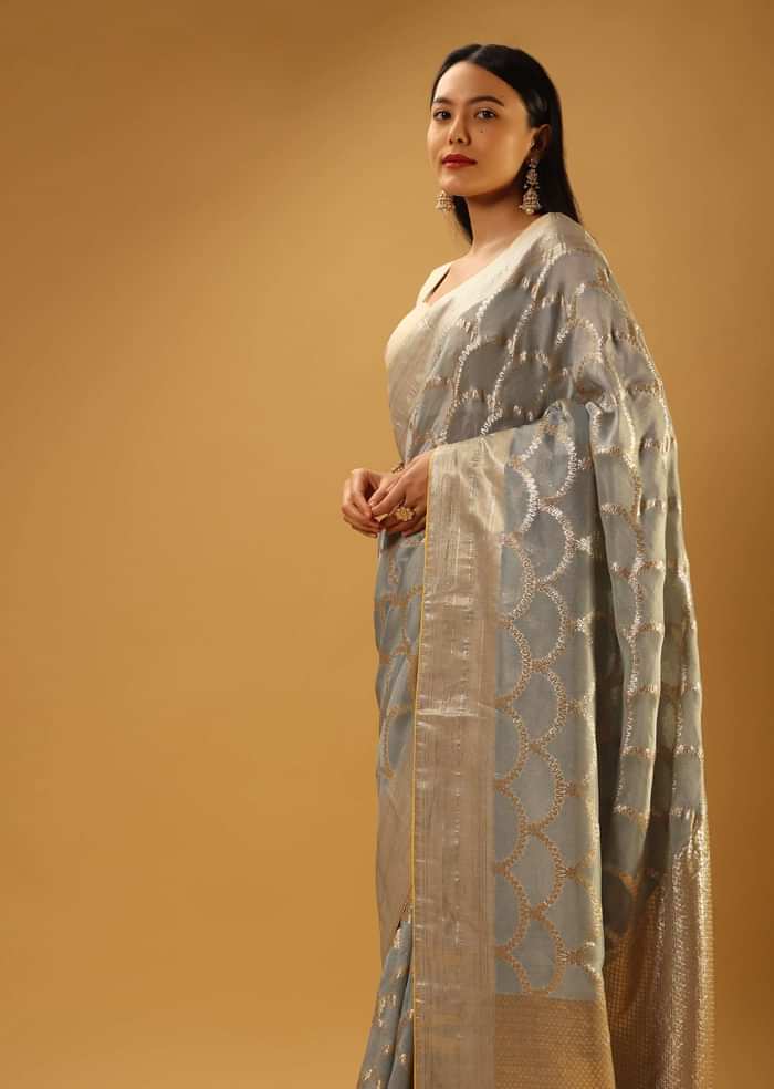 Metal Grey Saree In Organza With Woven Scallop Jaal